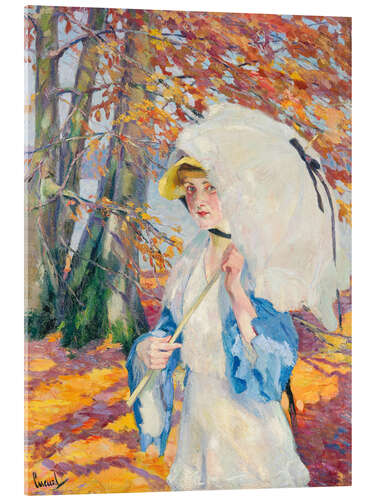 Acrylic print Lady with umbrella on the autumnal shore of a lake