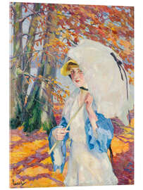 Acrylic print Lady with umbrella on the autumnal shore of a lake - Edward Cucuel