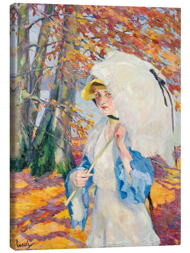 Lienzo Lady with umbrella on the autumnal shore of a lake