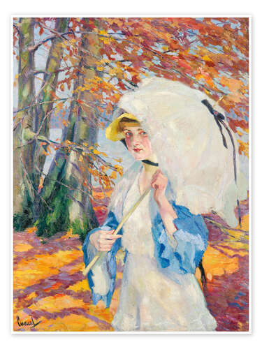 Poster Lady with umbrella on the autumnal shore of a lake