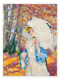 Wall print Lady with umbrella on the autumnal shore of a lake - Edward Cucuel