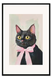 Gerahmter Kunstdruck Schwarze Katze mit rosa Schleife