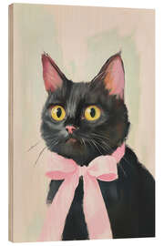 Wood print Black Cat with Pink Bow - Melloi Art
