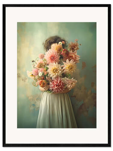 Ingelijste kunstdruk Dahlias in Vintage Green