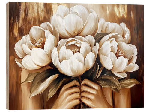 Wood print White Peonies