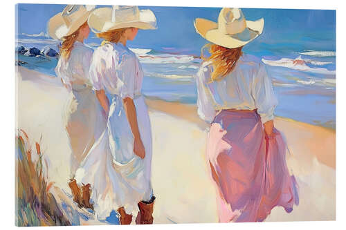 Stampa su vetro acrilico Women in Sun Hats Strolling on the Beach