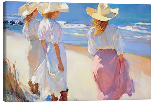 Lerretsbilde Women in Sun Hats Strolling on the Beach