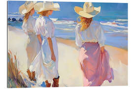Quadro em plexi-alumínio Women in Sun Hats Strolling on the Beach