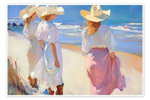 Poster Women in Sun Hats Strolling on the Beach