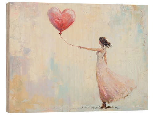 Wood print Woman with Heart Balloon