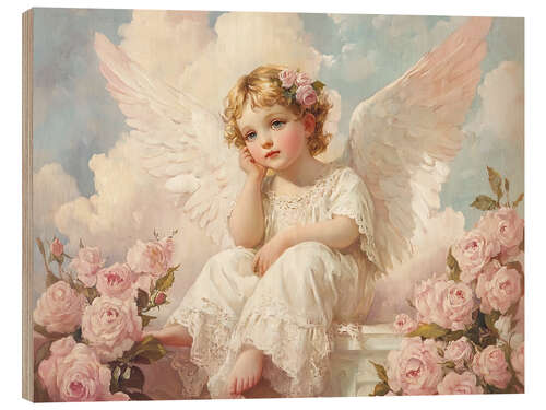 Quadro de madeira Cupid Angel with roses