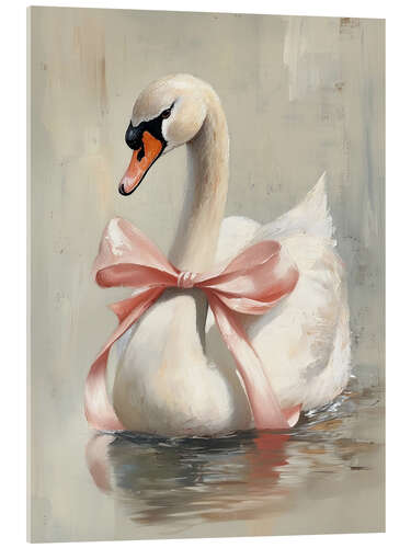 Akrylbillede Valentine Swan with Pink Ribbon Bow