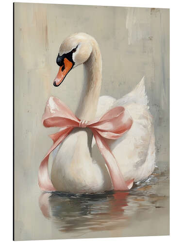 Obraz na aluminium Valentine Swan with Pink Ribbon Bow