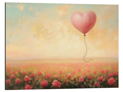 Cuadro de aluminio Heart balloon flies over a rose field