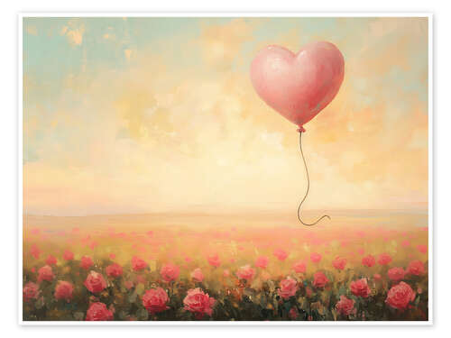 Plakat Heart balloon flies over a rose field