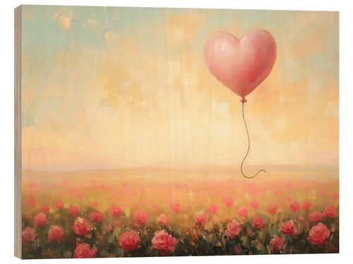 Print på træ Heart balloon flies over a rose field