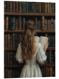 Acrylglasbild Mädchen liest ein Buch in der Bibliothek