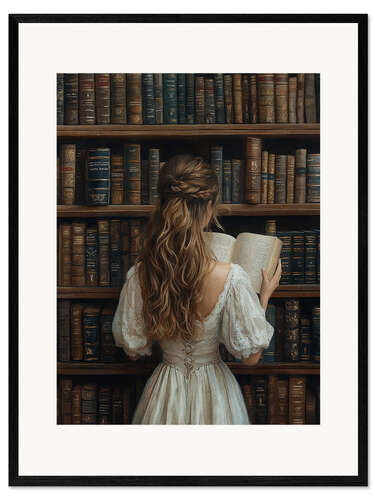 Framed art print Girl reading a book in library