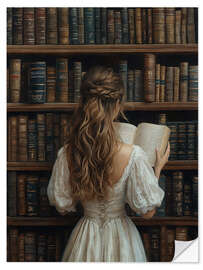 Wandsticker Mädchen liest ein Buch in der Bibliothek