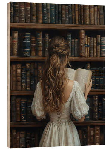 Hout print Girl reading a book in library