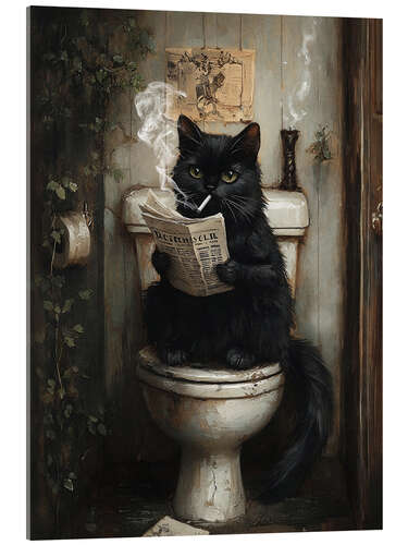 Akrylbillede Smoking black cat reading newspaper on toilet