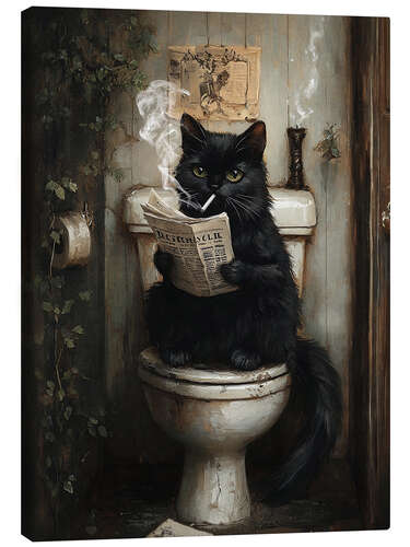 Lienzo Smoking black cat reading newspaper on toilet