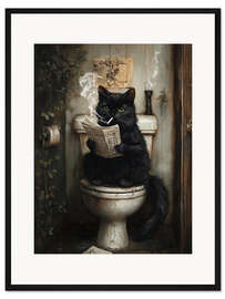 Gerahmter Kunstdruck Rauchende Katze liest Zeitung auf Toilette