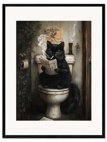 Impresión de arte enmarcada Smoking black cat reading newspaper on toilet