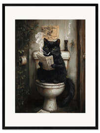 Kehystetty taidepainatus Smoking black cat reading newspaper on toilet