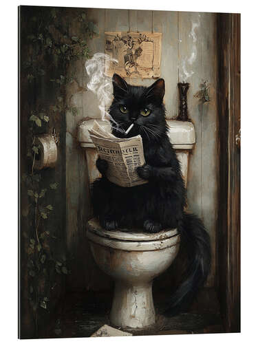 Tableau en plexi-alu Smoking black cat reading newspaper on toilet