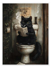 Obra artística Smoking black cat reading newspaper on toilet - Olga Telnova