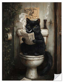 Vinilo para la pared Smoking black cat reading newspaper on toilet