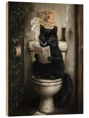 Tableau en bois Smoking black cat reading newspaper on toilet