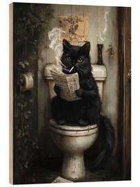 Cuadro de madera Smoking black cat reading newspaper on toilet