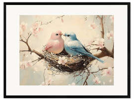 Gerahmter Kunstdruck Turteltauben und Kirschblüten