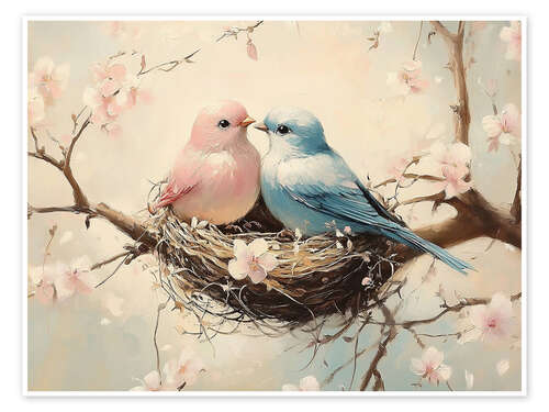 Póster Turtledoves and cherry blossoms
