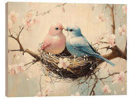 Holzbild Turteltauben und Kirschblüten
