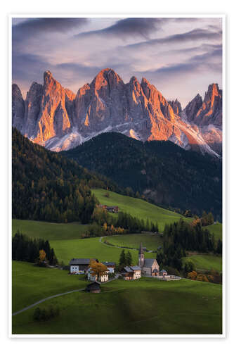 Poster Santa Maddalena in the Dolomites at sunset