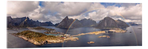 Tableau en verre acrylique Lofoten panorama with rainbow