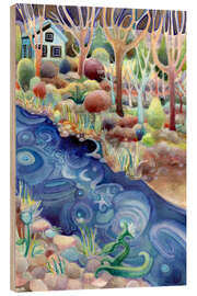 Holzbild Regentropfen fallen auf einen Bach