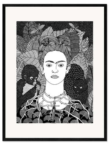 Innrammet kunsttrykk Frida Portrait with Thorn Necklace and Hummingbird