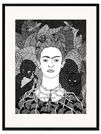 Framed art print Frida Portrait with Thorn Necklace and Hummingbird