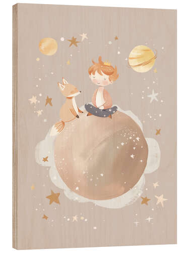 Wood print Planet of Dreams - Child and Fox