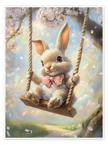 Plakat Easter Bunny Riding on Swing under Cherry Blossoms