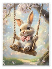 Wall print Easter Bunny Riding on Swing under Cherry Blossoms - TAlex