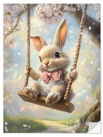 Wandsticker Osterhase reitet auf Schaukel unter Kirschblüten