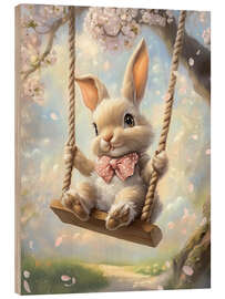 Wood print Easter Bunny Riding on Swing under Cherry Blossoms - TAlex