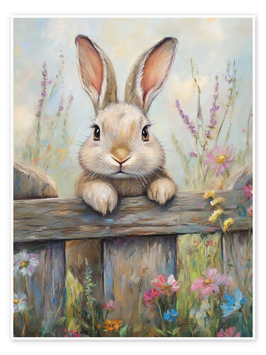 Poster Vintage Easter Bunny in Rustic Fence