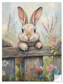 Sticker mural Vintage Easter Bunny in Rustic Fence
