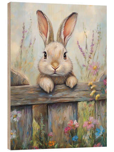 Tableau en bois Vintage Easter Bunny in Rustic Fence